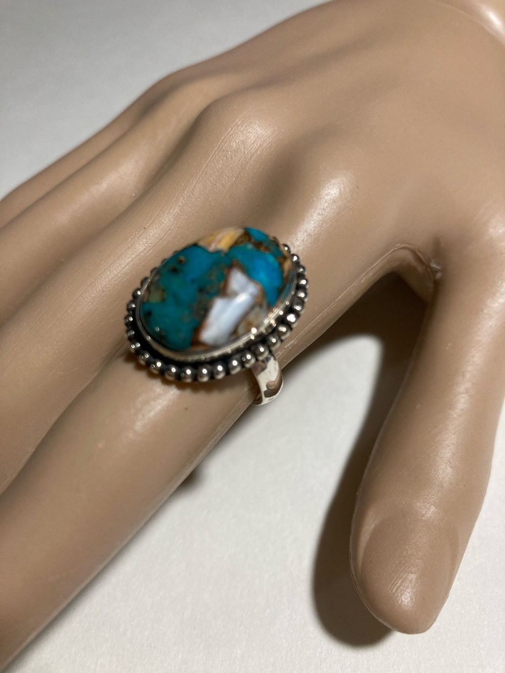 JTV Sterling Silver Spiny Oyster And Turquoise Cabochon Stone Ring Size 7 1/2